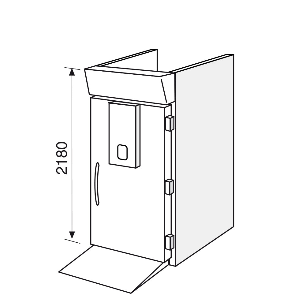 Abbattitore di temperatura per carrelli 40x60-60x80, vista frontale, dimensione altezza 2180 mm, dettaglio porta