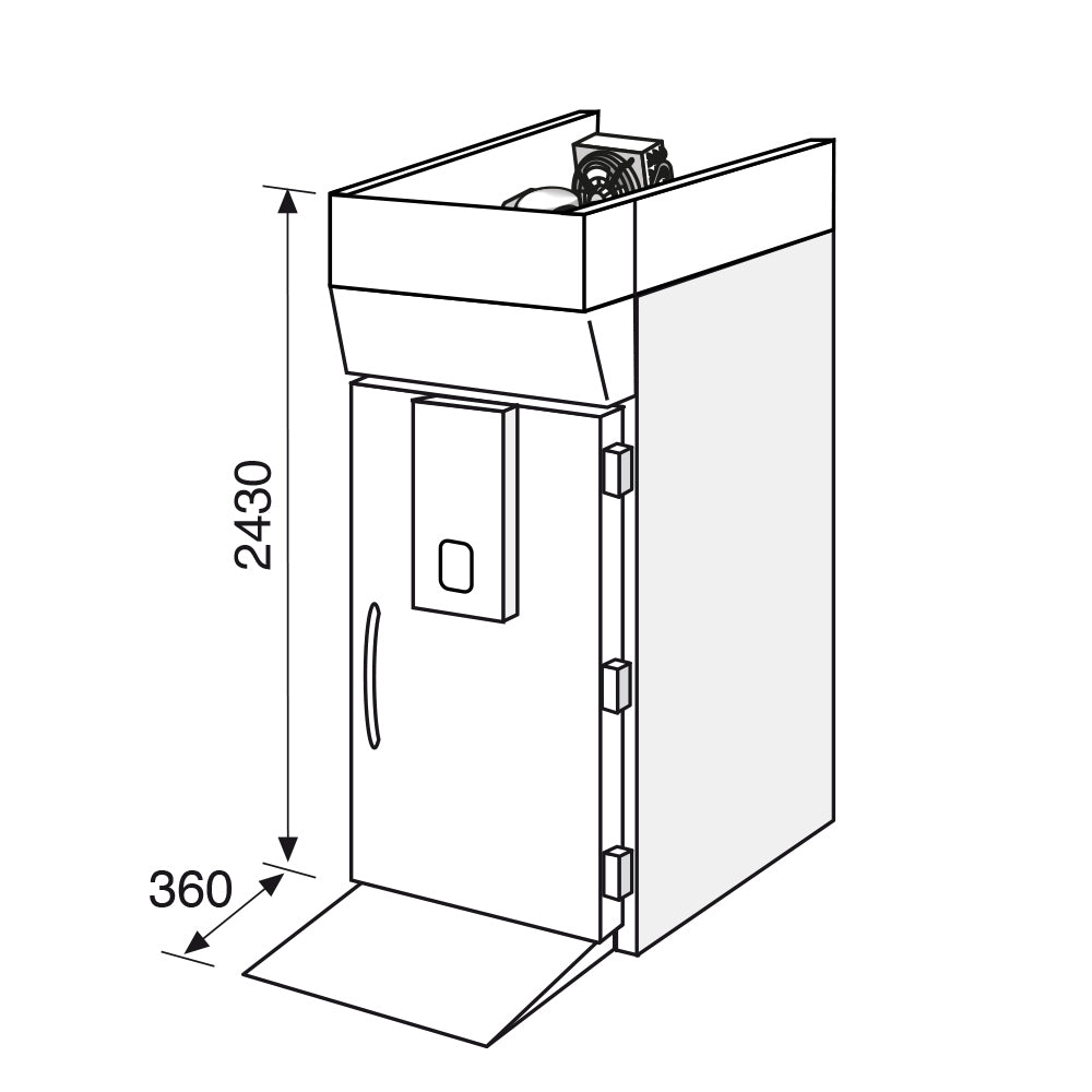 Abbattitore di temperatura per carrelli 60x80, vista frontale, dimensioni esterne, dettaglio vano motore superiore