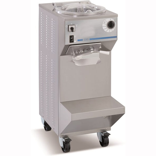 Mantecatore elettronico verticale G30 per gelato, vista frontale, acciaio inox, dettaglio pannello comandi e vaschetta est...