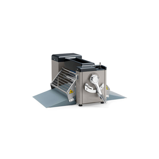 Countertop pastry dough sheeter with inclined decks
